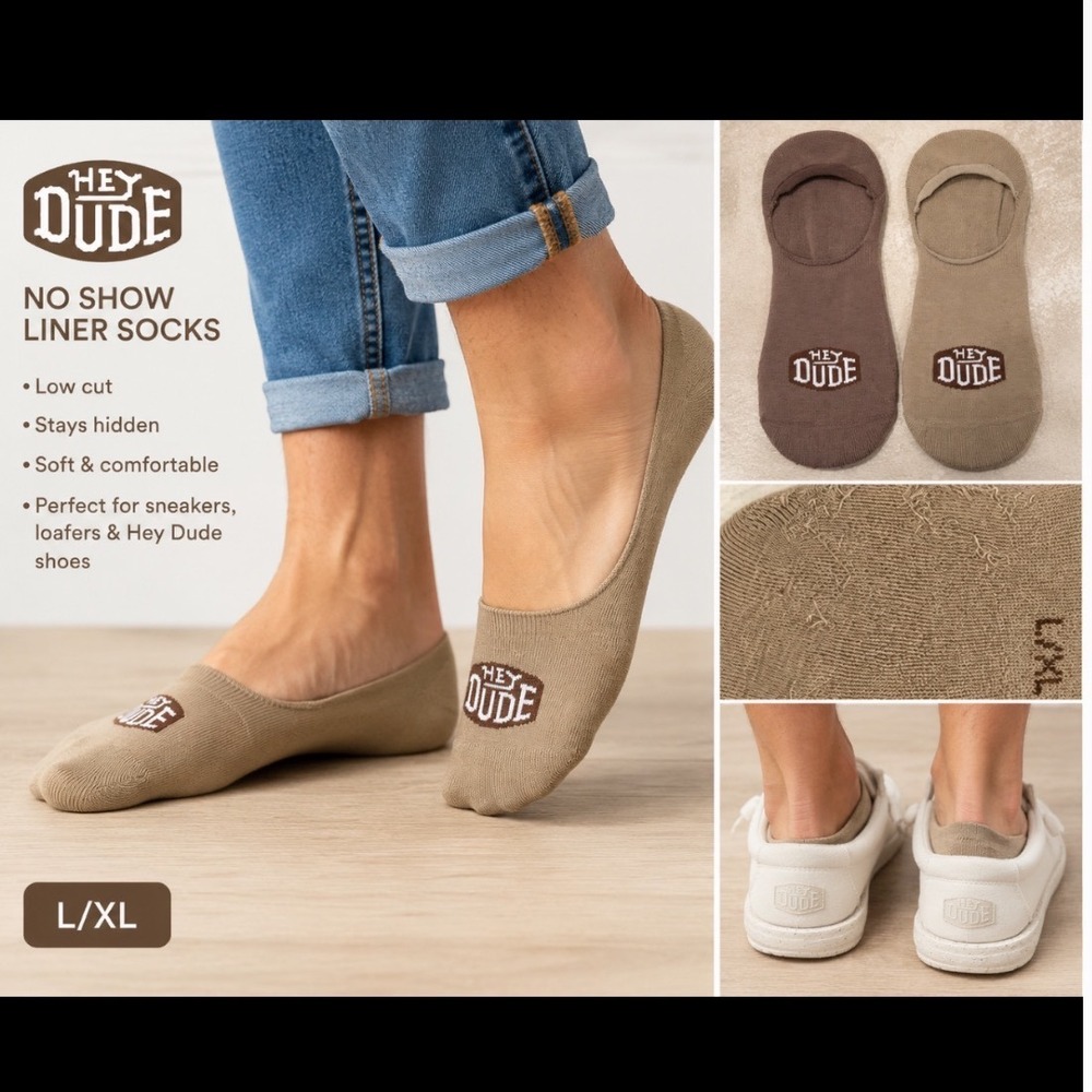 Hey Dude No Show Liner Socks 2 Pair Bundle Brown Tan Low Cut Size L XL